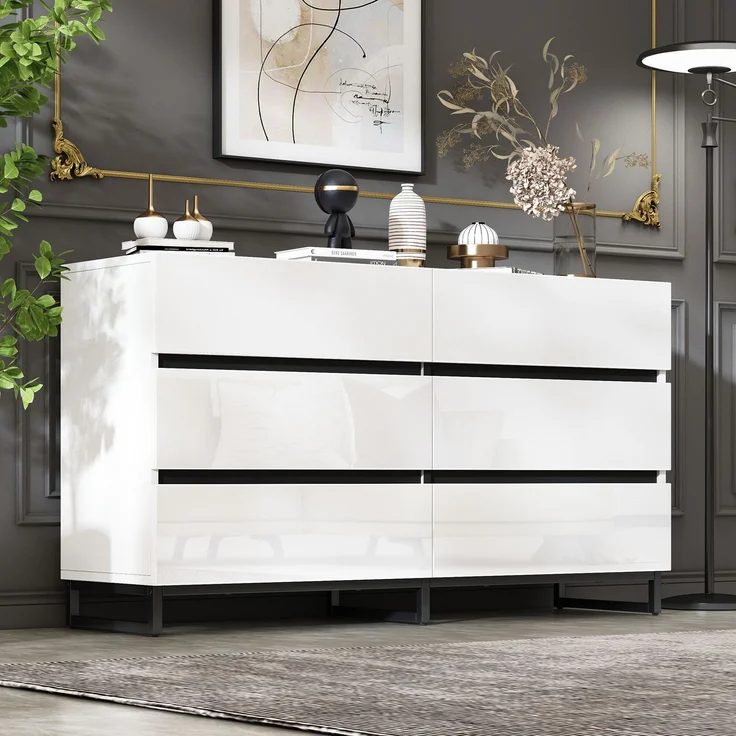 Sideboard 140 x 39,5 x 78,5 cm Weiß mit 6 Schubladen, Hochglanzfront, Metallfüße, großer Stauraum, symmetrisches Design – Bild 2
