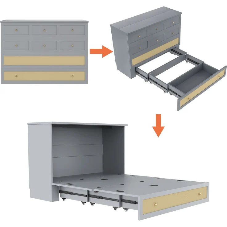 Schrankbett, 140 x 200, Mobiles Schrankbett mit Schubladen am Bettende und Regal am Kopfende des Bettes, mit USB und Steckdose, Umbaubares Plattformbett, Ohne Matratze, Grau – Bild 4