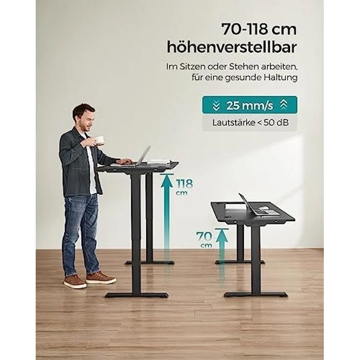 Songmics Höhenverstellbarer Schreibtisch elektrisch, Tischgestell, Schreibtischständer mit Motor, stufenlos verstellbar, 140x70 x (73-114) cm, Stahl, schwarz LSD012B02 – Bild 6