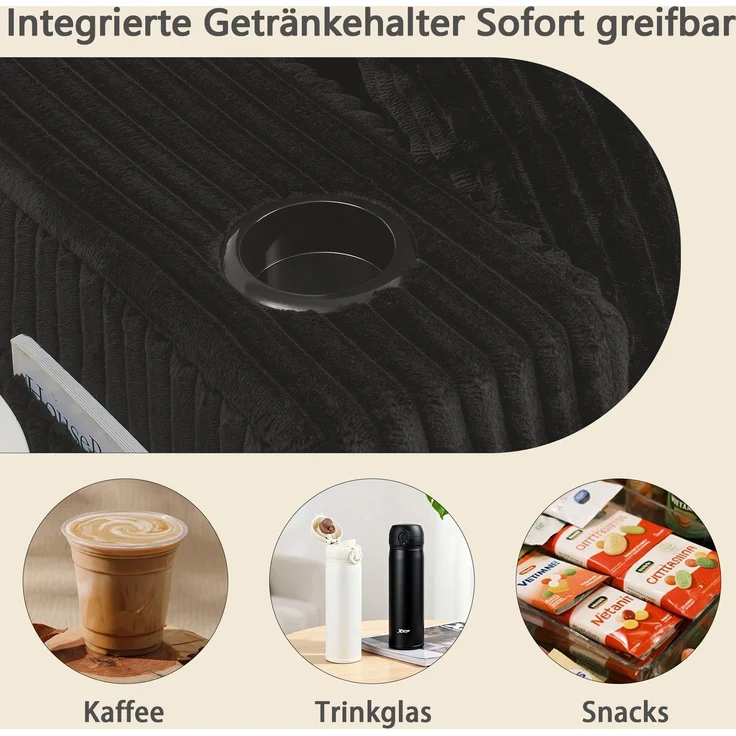 Schaumsofa Zwillinge aus Kordstoff mit Seitentasche & Getränkehalter, rahmenlos, schwarz – Bild 5
