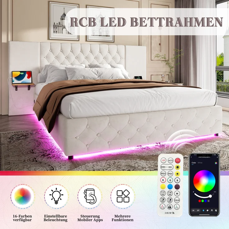 LVHOM Boxbett 140x200cm diamantgeprägtem Knopf Bettgestell, Samt, LED, langes Kopfteil, USB-Ladeanschlüssen, hydraulischem Stauraum-System, freie Staubschutzhülle für Stauraum als Geschenk – Bild 4