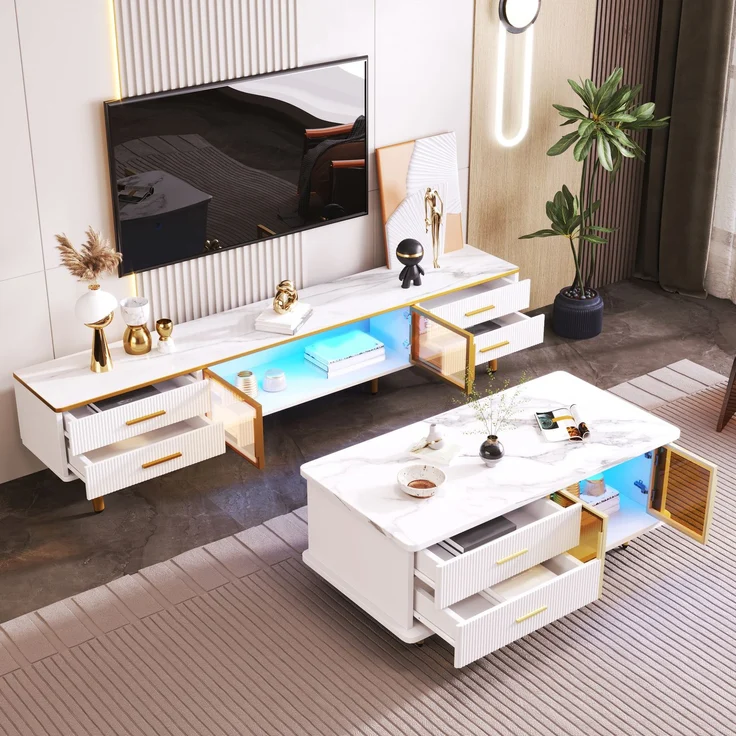 JARDJ Couchtisch, TV-Schrank, modulare Wohnzimmermöbel, Tür aus gehärtetem Glas, Rahmen aus Aluminiumlegierung, Schubladen mit Wellenstruktur, goldene Griffe und Beine, Tischplatte mit Marmorstruktur – Bild 4