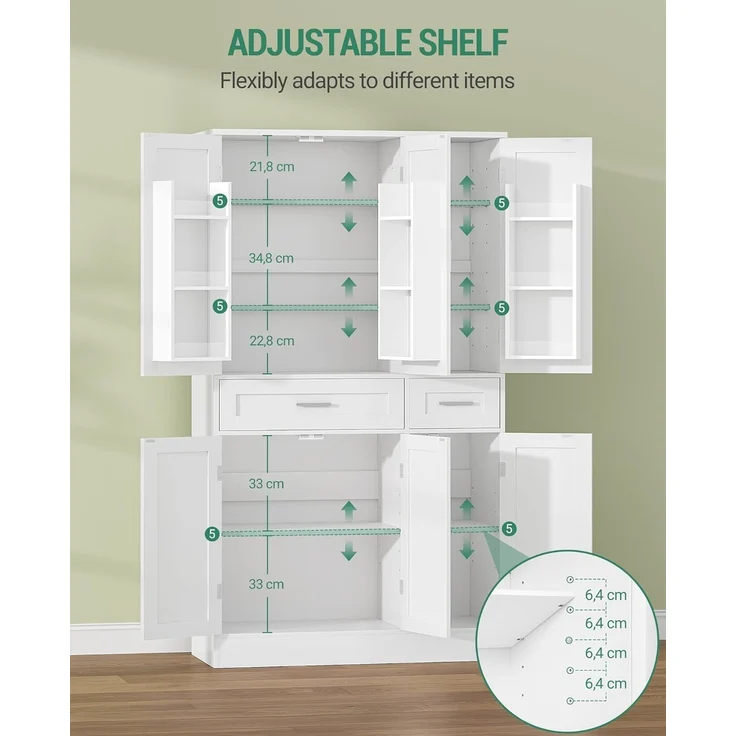Buffetschrank, Küchenschrank mit 9-stufigem Türrückseiten-Regalsystem, Sideboard mit 6 Türen und 2 Großer Schublade, Modern Stil, Küche, Wohnzimmer, 40 x 92 x 180 cm, Weiß – Bild 8