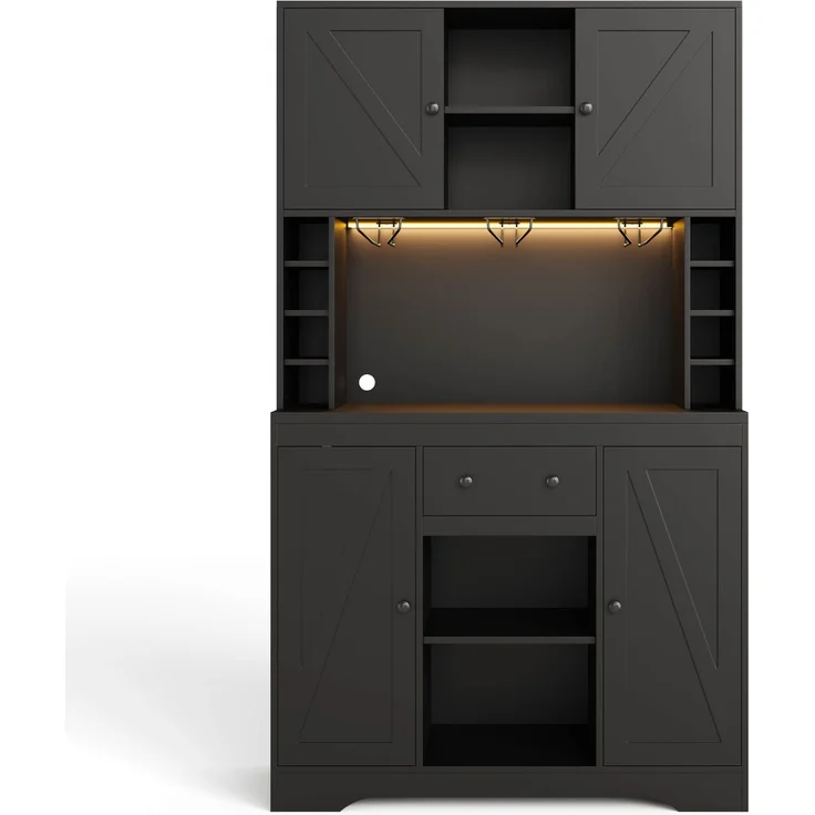 Merax 180cm Küchenschrank, Hochschrank, Weinschrank mit verstellbaren Einlegeböden, Schublade, Edelstahl-Weinglashalter, Weinflaschenfächern, farbwechselnder LED-Beleuchtung und Steckdosen, Schwarz – Bild 10