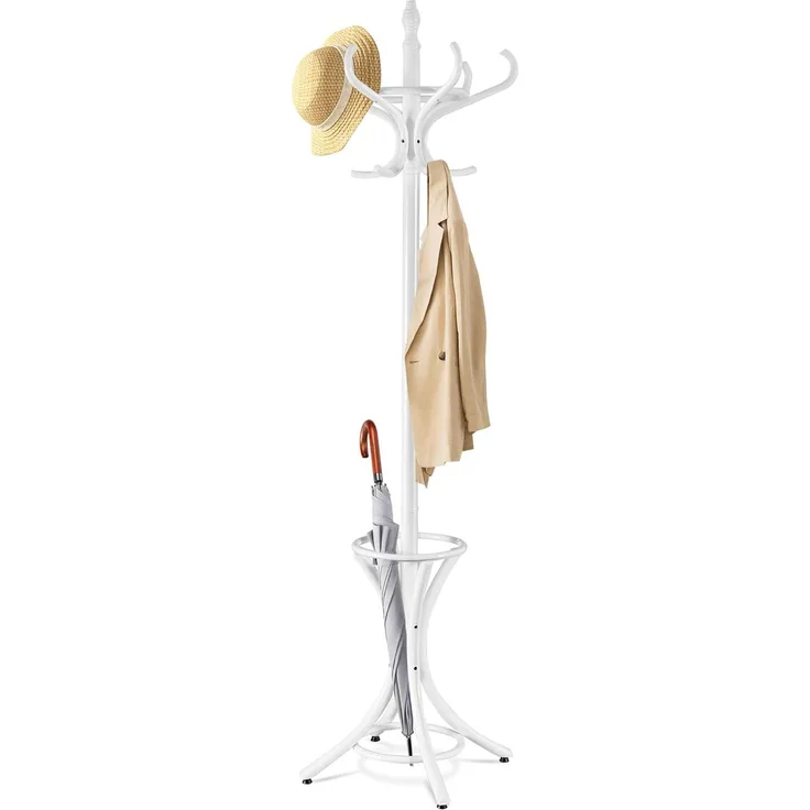 COSTWAY Garderobenstaender Kleiderstaender Jackenstaender mit Schirmstaender Garderobe Aufhaenger 12 Kleiderhaken 184 cm Holz weiss