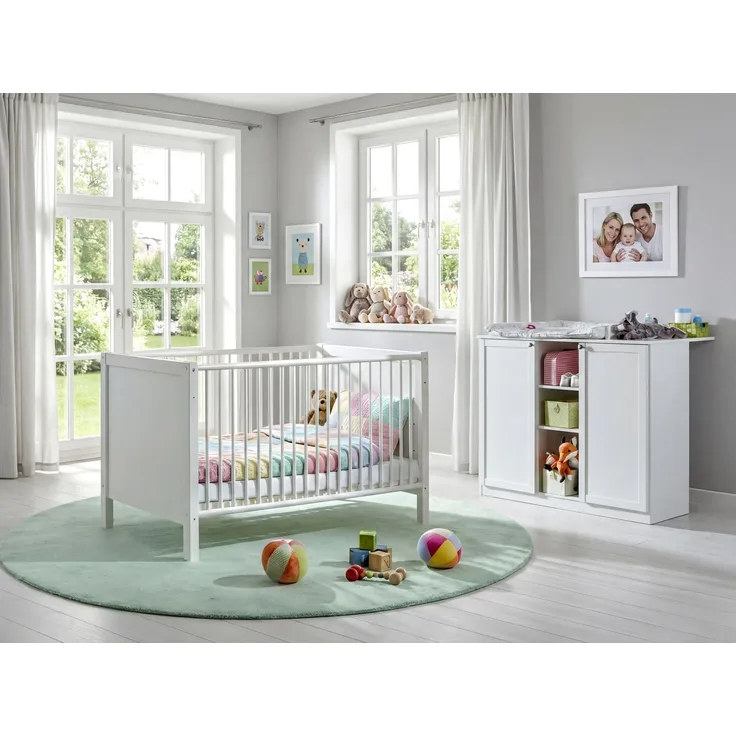 Babyzimmer-Set Kinderzimmer Babybett & Wickelkommode, Landhaus Weiß
