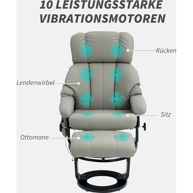 HOMCOM Massagesessel Relaxsessel mit Fußhocker (Fernsehsessel, 2-St, Elektrischer Liegesessel mit Fernbedienung), mit Seitentasche, Kunstleder, Grau – Bild 4