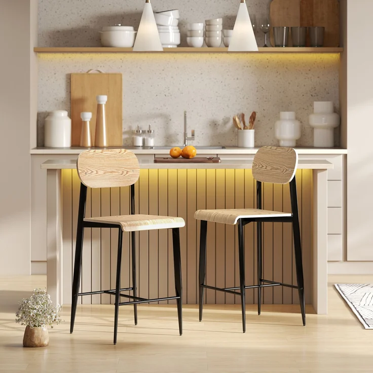 2er-Set Barhocker, Barstühle mit Rückenlehne und Metallgestell, Holz, Hellbraun--Naturholz--103x43x55cm--YOUDENOVA – Bild 4