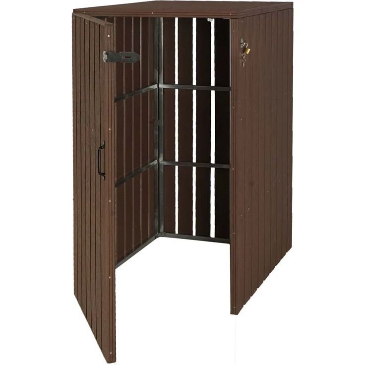XL 1er-/2er-WPC-Mülltonnenverkleidung HWC-J28, Mülltonnenbox, Metall Holzoptik, erweiterbar ~ braun – Bild 2