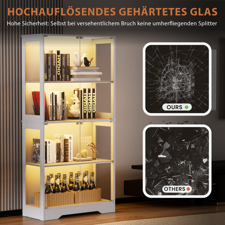 Glasvitrine 80x35x165 cm in Weiß mit LED-Licht und Bewegungssensor – Bild 9