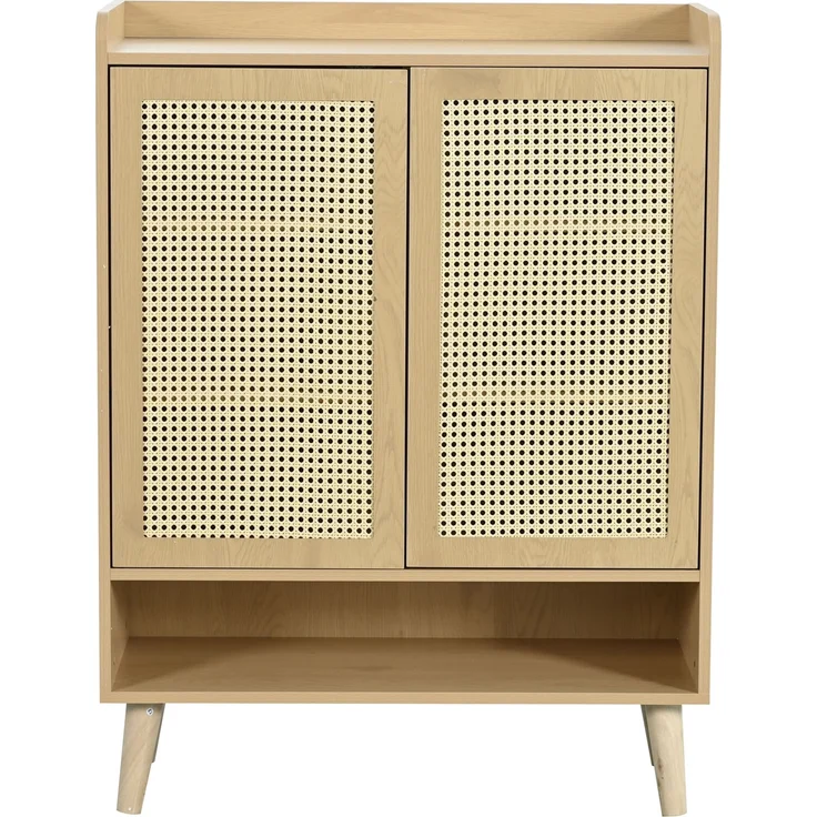 Merax Sideboard aus natürlichem Rattan, Kommode Mit Holzgriffen und Massivholzbeinen. Maße: B80/H105/T35 cm – Bild 1