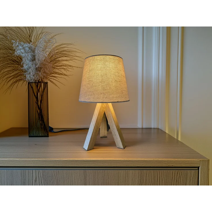 Tischlampe mit Dreibein aus Holz, Stoffschirm Creme Weiß, Höhe 27cm – Bild 10
