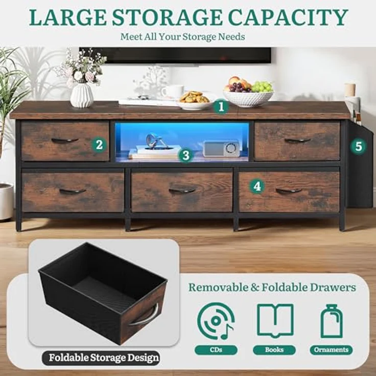 YITAHOME TV-Schrank, TV-Ständer für Wohnzimmer mit 5 faltbaren Schubladen und Regalen, TV-Ständer mit RGB-LED-beleuchtetem TV-Entertainment-Center mit Schrank, 145 x 35 x 50 cm – Bild 5