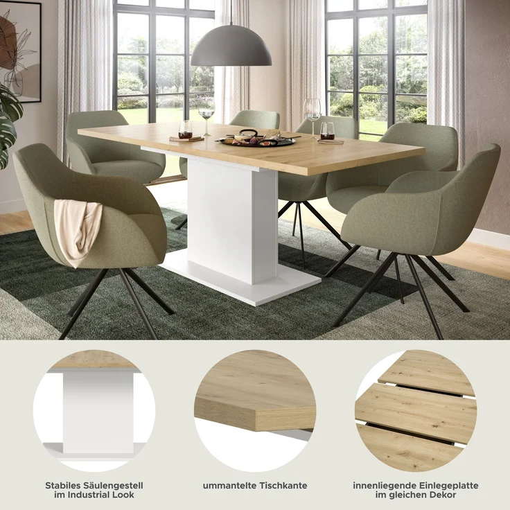 Kulissen-Esstisch >Motion< ausziehbar 190cm, weiß / artisan Eiche Dekor - 150/190x76x90cm (BxHxT) – Bild 7
