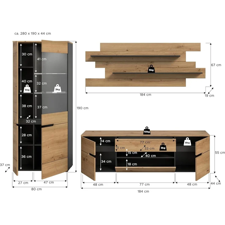Wohnkombination inkl Beleuchtung (B/H/T: 280x190x44 cm) in Artisan Nachbildung – Bild 4