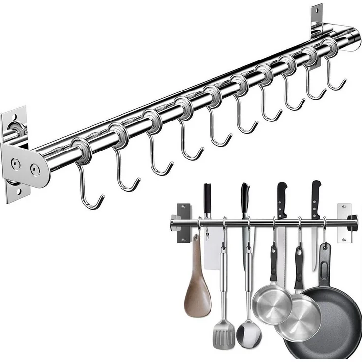 SURFOU Hakenleiste Küche Doppelte Edelstahlstange Küchenleiste mit 12 Haken &Messerhalter, (Hängeleiste Küchenreling, Edelstahl Doppelrohr, Küchenhakenleiste, Multifunktionale Hängeschiene mit Topfdeckel- & Messerhalter - 60 cm Topfi Topfdeckelhalter, ...
