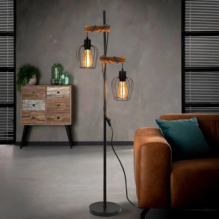 Nettlife Stehlampe Vintage Holz schwarz 151 cm hoch 2-flammiges, LED wechselbar, für Wohnzimmer schlafzimmer Esszimmer Büro – Bild 5