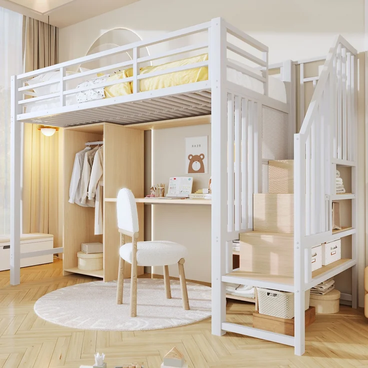 Metall-Hochbett 90×200cm mit integriertem Schreibtisch, Kleiderschrank & Stauraumtreppe, Stahl+E1-MDF, Weiß, ohne Lattenrost+Matratze, Gesamt L251,2 × T98 × H171 cm – Bild 2
