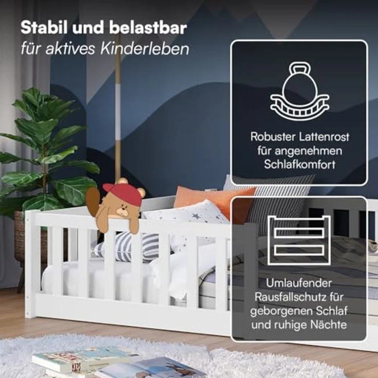 Bellabino Vere Bodenbett 120x200 cm – Montessori Kinderbett mit Rausfallschutz & Lattenrost, Massives Boden Bett für Jungen & Mädchen aus Holz Kiefer – Kleinkindbett in Weiß – Bild 4