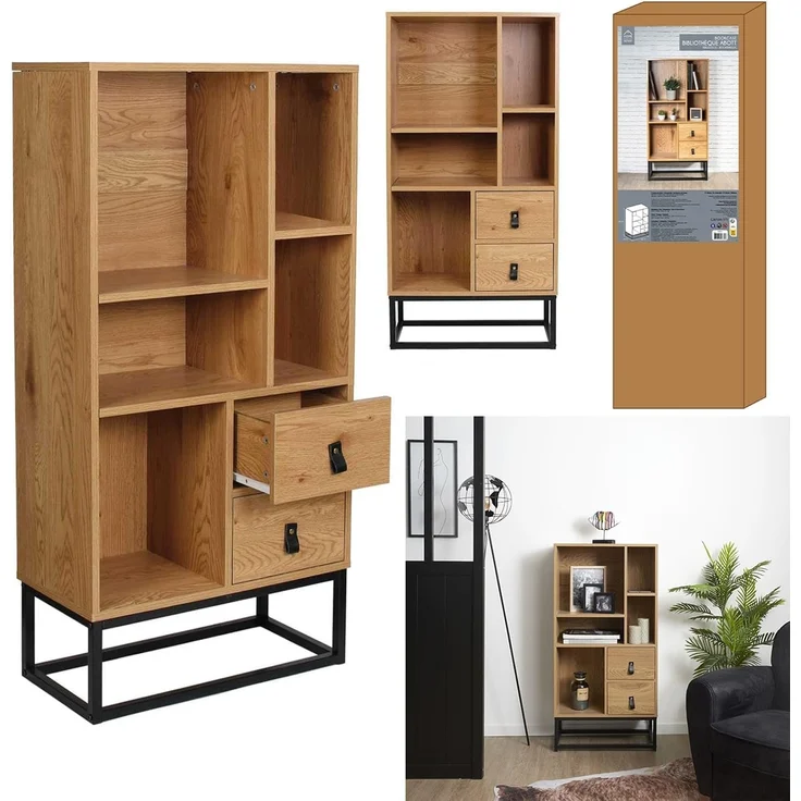 CaliCosy Bücherregal mit 2 Schubladen 5 Ablagen H120 cm - Helles Holz – Bild 10
