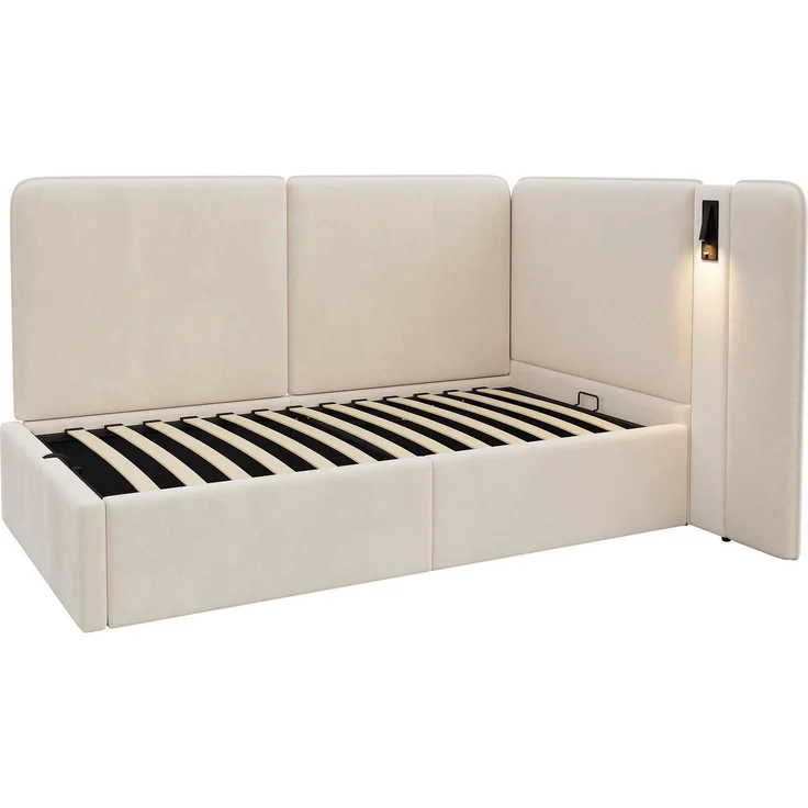 Merax Einzelbett, Kinderbett, Polsterbett 90x200 cm Daybett, mit hydraulischem Stauraum Aufladen Leselampe, Samt, beige – Bild 8