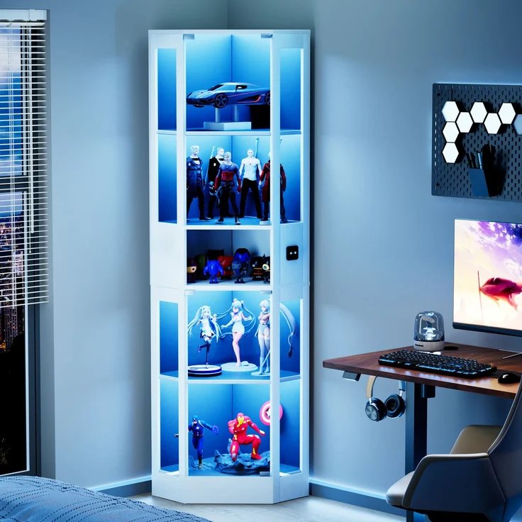 Glasvitrine 57 x 40 x 165 cm aus MDF und Glas mit LED-Beleuchtung in Weiß – Bild 4