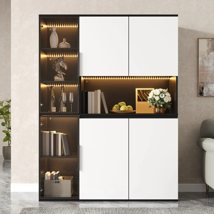 Hochschrank, Vitrine, Highboard, Anrichte, Schwarz-Weiß Optik, Glaselemente, integrierte LED-Leuchten, MDF-Korpus, geräumiger Stauraum, Esszimmerschrank, Wohnzimmerschrank--Schwarz, Weiß--120x40x160cm--YOUDENOVA – Bild 2