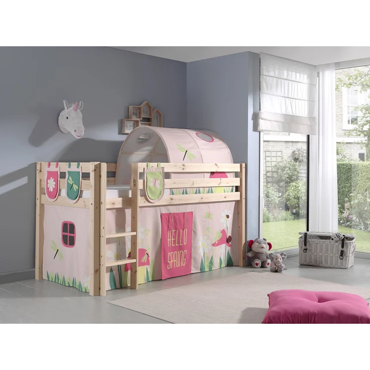 Spielbett Pino mit Textilset Vorhang, Tunnel und 3 Taschen "Spring", Kiefer massiv natur – Bild 2