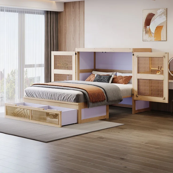 Bett 140x200 cm Schrankklappbett aus Holz in Natur, mit Lattenrost, Schubladen und Rattan-Design, ohne Matratze