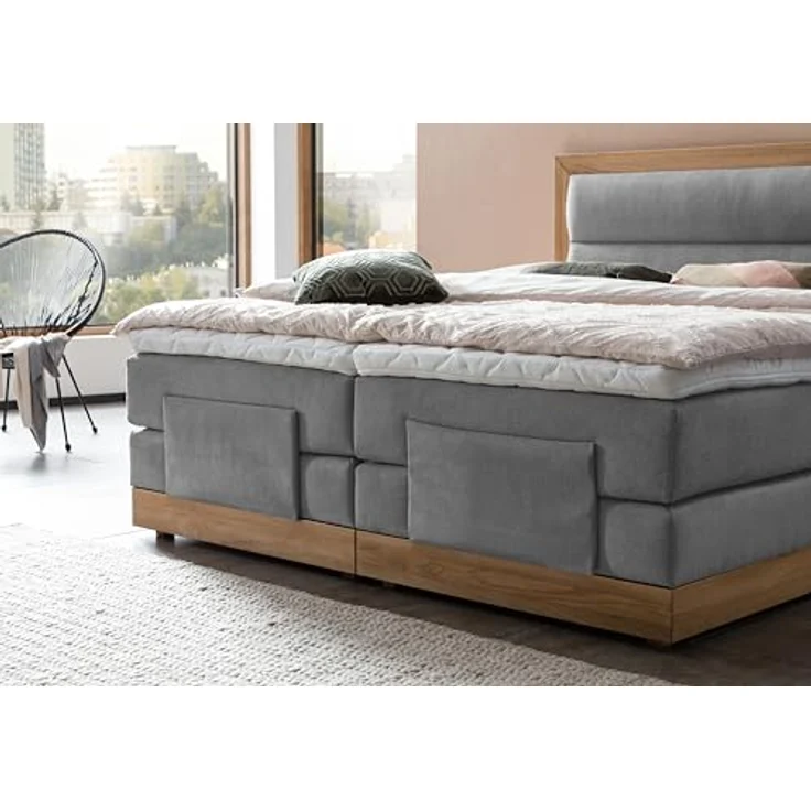 Belanoti Boxspringbett MODELA (Boxspringbett 180x200 elektrisch verstellbar Bett 180x200 mit Motor, 7-Zonen Taschenfederkern Matratze inklusive Visco Topper), in der Farbe Hellgrau H2/H3 Polsterbett Motorbett mit Eiche – Bild 9