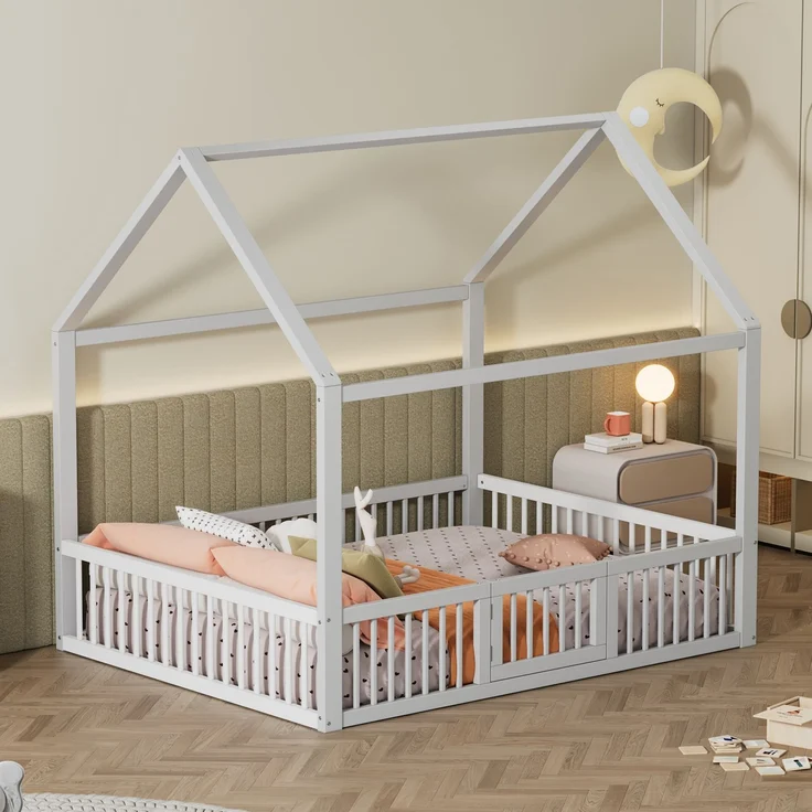 Merax 140*200cm Massivholzbett, Doppelbett, Flachbett, Hausbett, Hausbett mit Türchen, weiß – Bild 2
