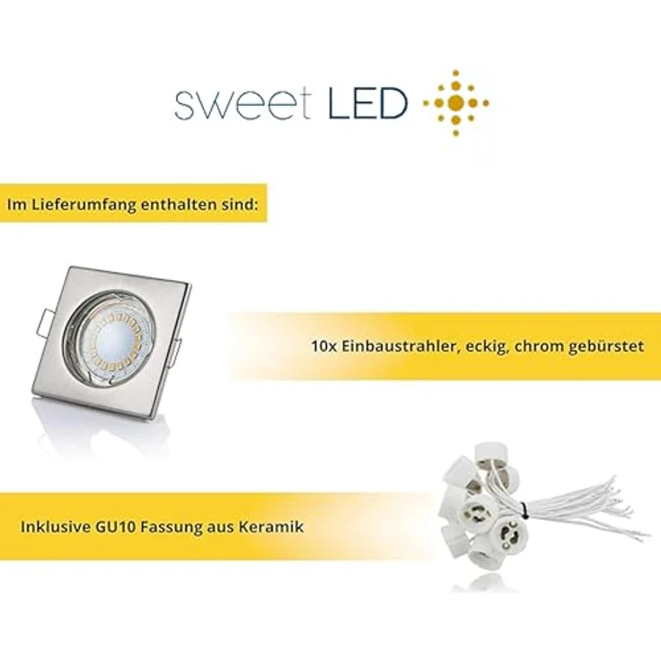 Sweet LED LED Einbaustrahler 10er Set 5W GU10 Deckenspots 230V eckig chrom-gebürstet, LED fest integriert, 3000K-Warmweiß, Deckenspots, Deckenstrahler, Einbauleuchten – Bild 6