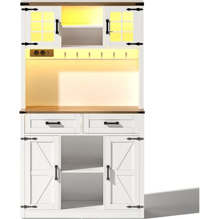 ZUBALIYA Buffetschrank 100x40x172 cm, mit LED-Beleuchtung, mit Steckdosen, mit verstellbaren Einlegeböden, aus MDF, Braun / Weiß – Bild 24