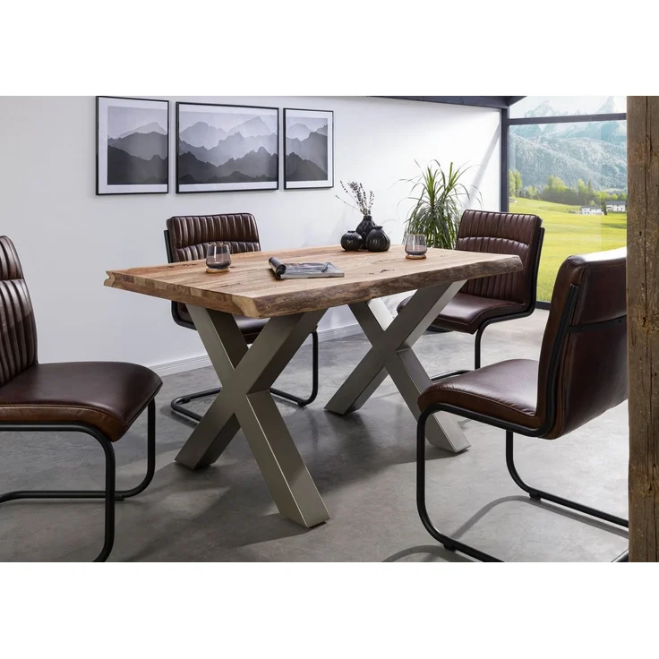 Baumtisch Sheesham 160x90x77 natur sandgestrahlt / X-Beine silber matt FREEFORM 5 – Bild 9