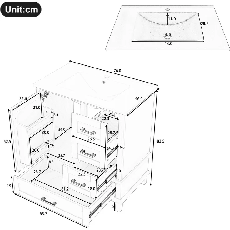 76x46x83,5cm schlichter Badezimmerschrank, komplett lackiert, Türregal, drei geräuschlose Schubladen, verstellbare Regale, integriertes Keramikwaschbecken, Schwarz – Bild 7