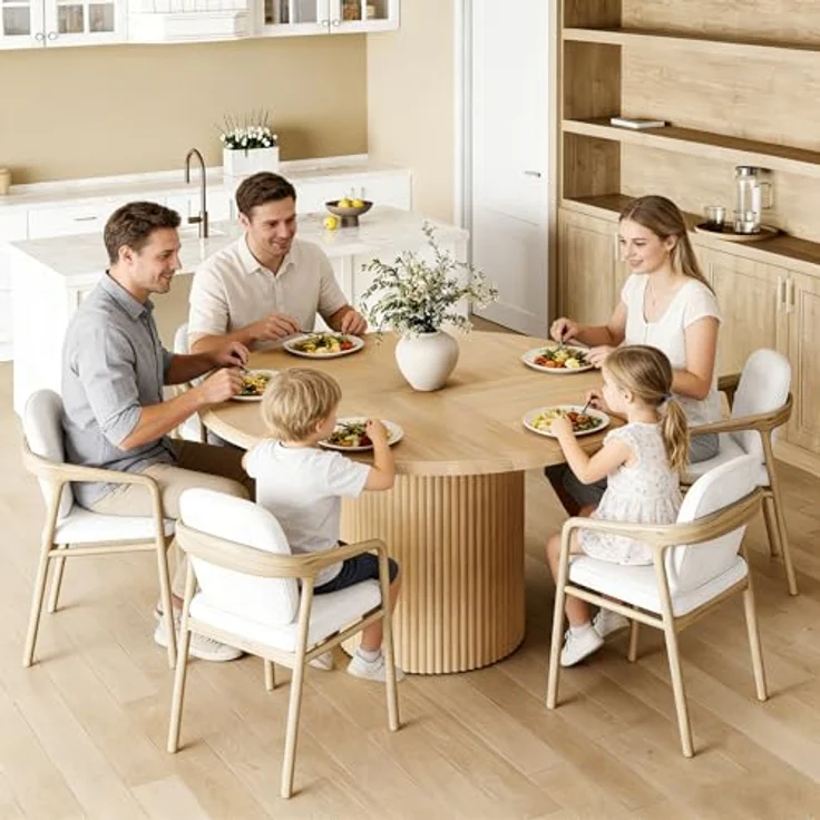 LITTLE TREE 120 cm runder Esstisch für 4 Personen, rustikaler Esstisch aus Naturholz mit stabilem, geriffeltem Untergestell, großer runder Küchentisch für Esszimmer und Wohnzimmer (nur Tisch) – Bild 3