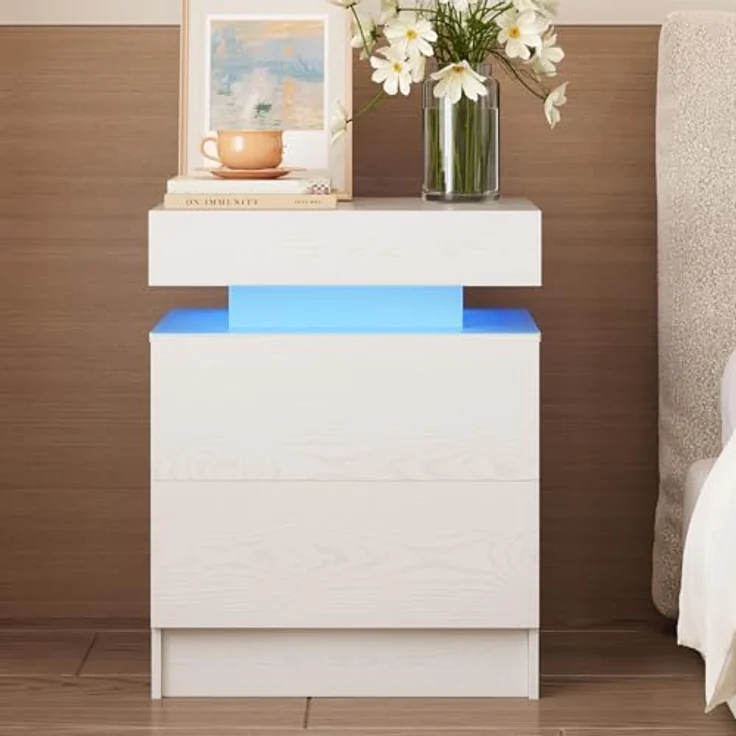 IRONCK Nachttisch Weiß mit LED-Licht & Ladefunktion, Beistelltisch mit USB+Typ-C Anschlussen, Nachtschrank mit 2 Schubladen, Sofatisch für Schlafzimmer, Wohnzimmer, 35 x 48 x 60 cm – Bild 3