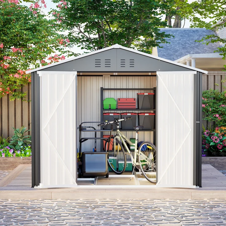 ZUBALIYA Stabiles Metall-Gerätehaus in Anthrazit 8x6 FT mit praktischer Klapptür Ideal als Gartenschuppen für Werkzeuge & Gartengeräte – Bild 8