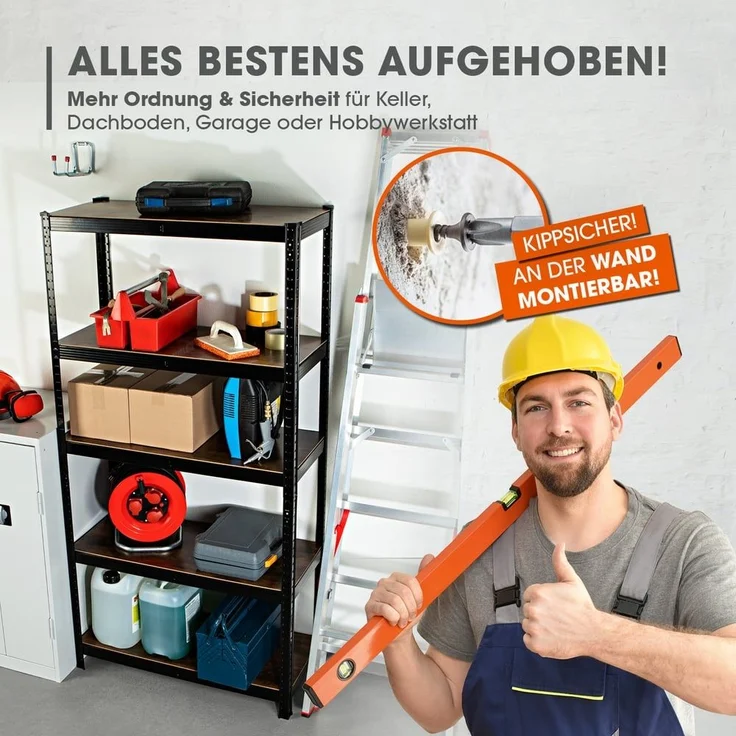 EASYmaxx Schwerlastregal 180 x 90 x 40 cm Holzoptik| 875 kg Traglast, 175 kg pro Ebene | Regal, Werkbank | Kellerregal, Lagerregal mit 5 verstellbaren Ablagen | Für Keller, Garage, Hobbyraum, Werkstatt – Bild 6