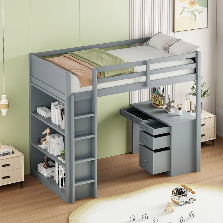 Hochbett 90x200 cm mit Aufbewahrung und Schreibtisch – modulares Massivholz-Design,Grau,platzsparend – Bild 2