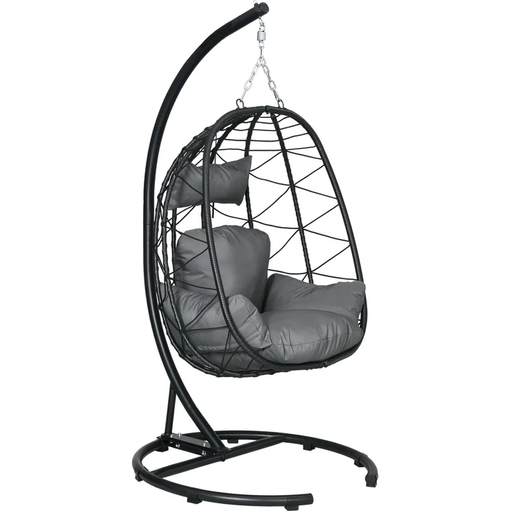 Hängesessel Rattan Hängestuhl 195 cm hoch mit Gestell Kissen und wasserdichter Abdeckung für Garten und Indoor bis 150 kg--Schwarz--102x102x195cm--YOUDENOVA – Bild 1