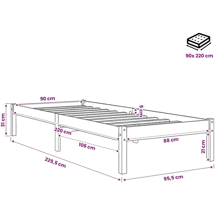 vidaXL Massivholzbett Extra Lang ohne Matratze 90x220 Kiefernholz 852416 – Bild 9