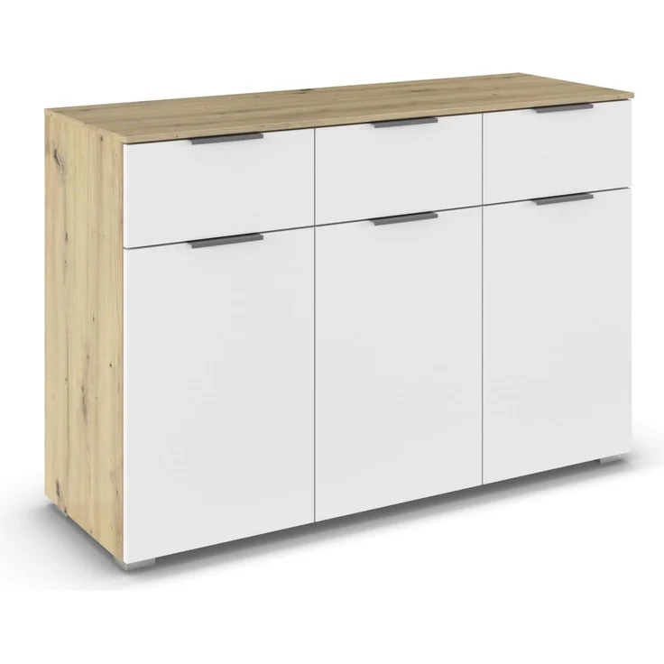 Rauch Möbel Alabama, Kommode, Farbe Weiß/Eiche Artisan, Maße 120x81x42 cm | Sideboard, 3-türig, 3 Schubladen, Soft-Close-Funktion, Griff Grau metallic, für Schlafzimmer, Kinderzimmer, Garderobe, Flur
