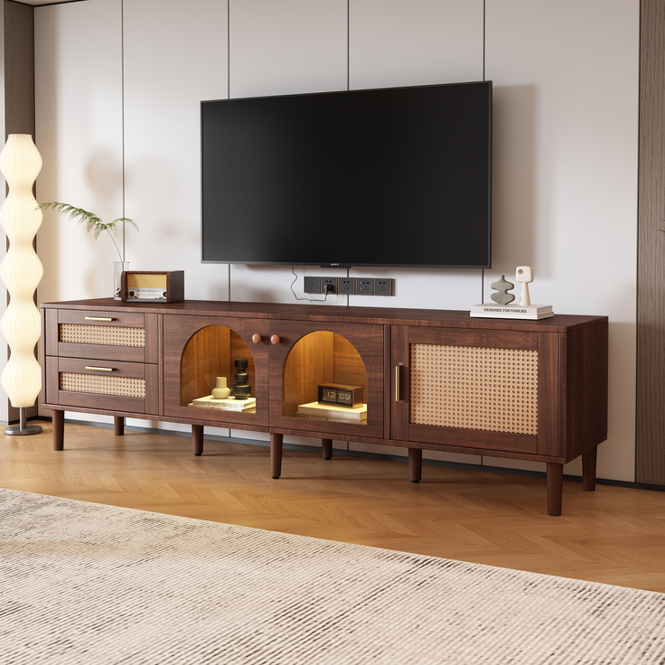 TV-Schrank, mit Rattan-Schubladen, 3 Türen, LED-Licht & höhenverstellbaren Füßen, 180x40x50 cm, Braun – Bild 3