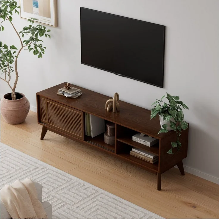 Celya TV-Schrank Mid-Century-Modern-Stil, mit Offene Regale Für TVs bis 65 Zoll (Füße aus Massivholz und Schranktüren aus Rattan) Entertainment-Schrank, Medienkonsole für Wohnzimmer und Medienraum – Bild 4