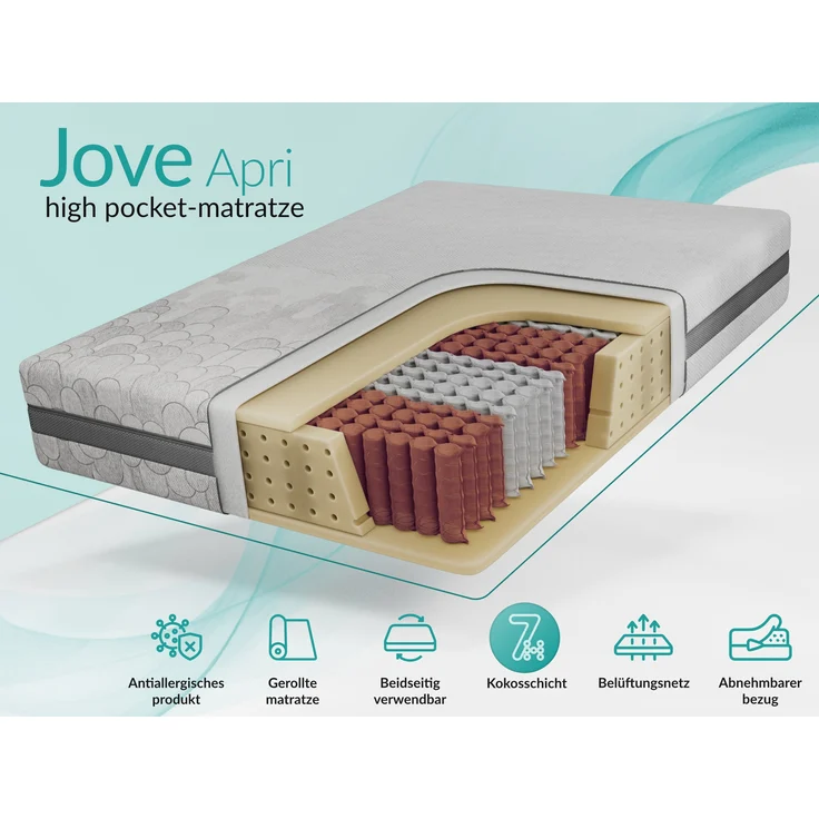Komfortable Taschenfederkernmatratze H3 mit PU-Schaum & stabiler Unterstützung – punktelastisch & hygienisch – 140 x 200 cm – JOVE - APRI – Bild 2