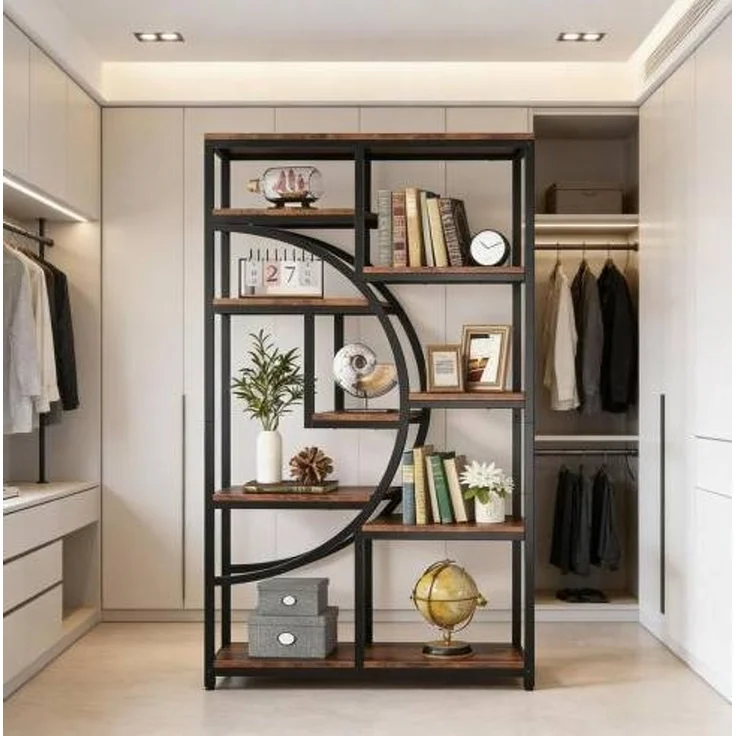 DESVIAE Regal mit 9 offenen Fächern aus Metall und Holz, Schwarz/Rustikbraun, 95 x 30 x 174 cm – Bild 4