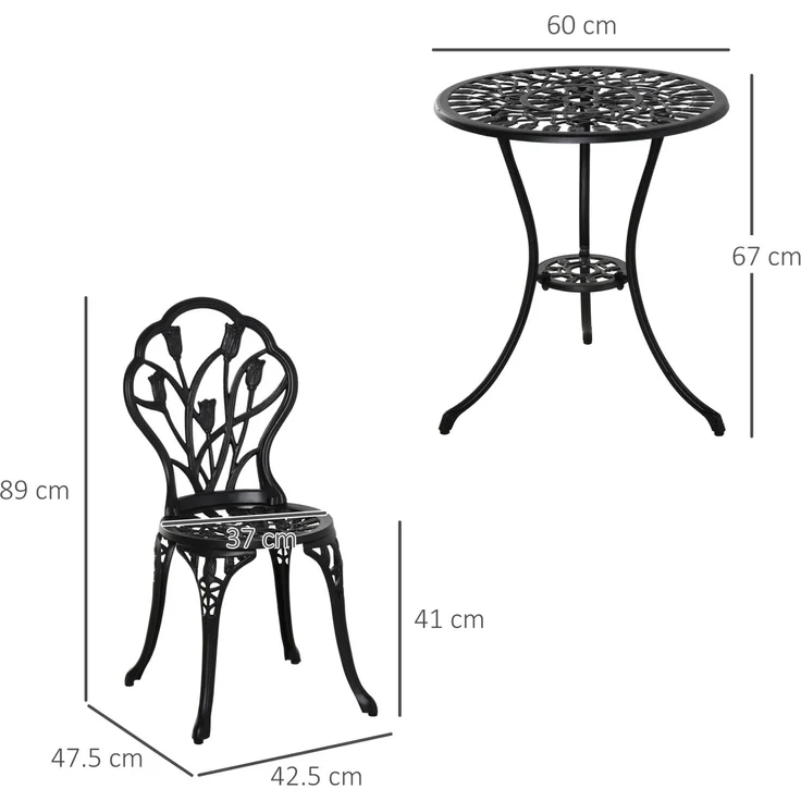 Garten-Bistroset aus Aluminium, 3-teilig mit Schirmloch, Tisch Ø60x67 cm, Schwarz – Bild 3