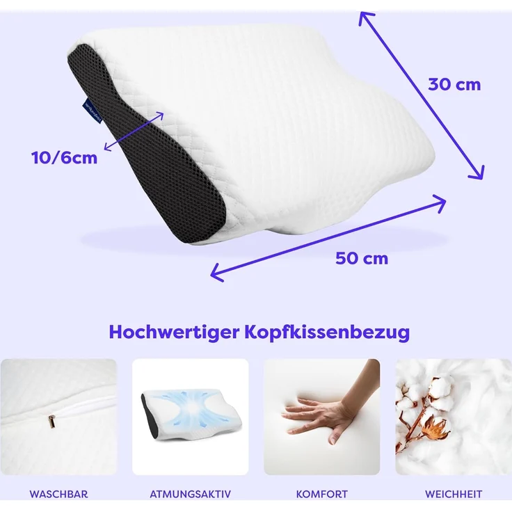 Wolkenfeld Nackenkissen für Seiten, Rücken & Bauchschläfer - Orthopädisches Kissen, Kopfkissen Nackenschmerzen Reduzierung, Memory Foam Nackenkopfkissen, Ergonomisches Kopfkissen - Seitenschläferkissen – Bild 2