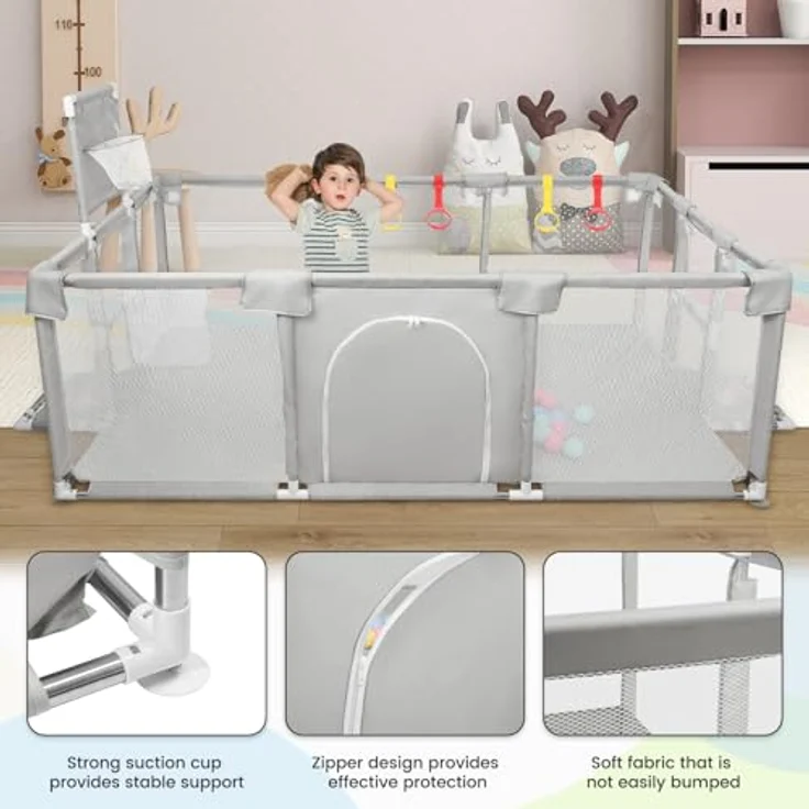 Laufgitter für Kinder mit Saugnäpfen, Verbesserte Version 2025 Babygehege 300D Oxford-Gewebe, Aktivitätszentrum für Kinder, einfach zu montieren und zu reinigen - 180 x 120 x 66 cm - Hellgrau – Bild 9